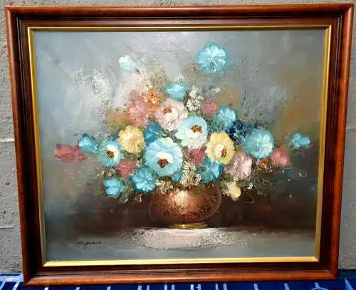 Ölbild,hellblaue Blumen in einer Vase,gerahmt,sign.Magnasco
