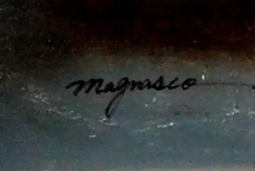 Ölbild,hellblaue Blumen in einer Vase,gerahmt,sign.Magnasco