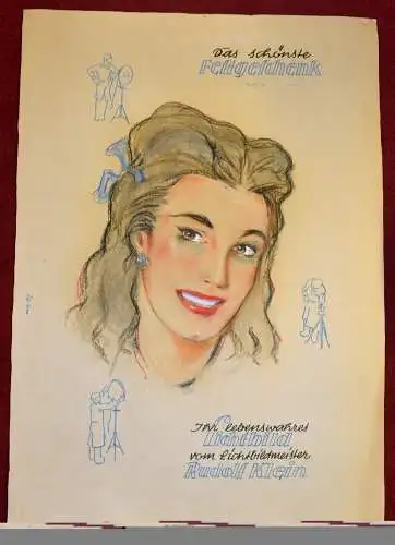 Werbeplakat,Original,für Fotografen,1950,Portrait,Farbkreide u. Aquarell