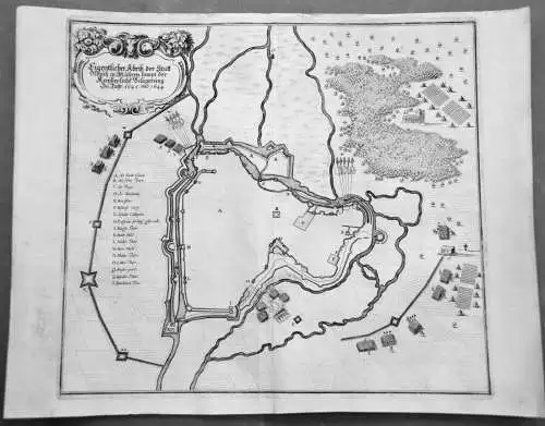 Kupferstich ,Olmütz in Mähren, samt kaiserlicher Belagerung 1643 u 1644,Merian
