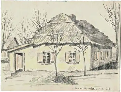 Bleistiftzeichnung, WWII „ Snamenka-West“, datiert 7.V.42, signiert „F. R.“