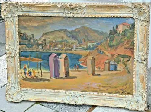 Ölbild,Gemälde,Max Agostini,Strand in Südfrankreich,signiert u.gerahmt