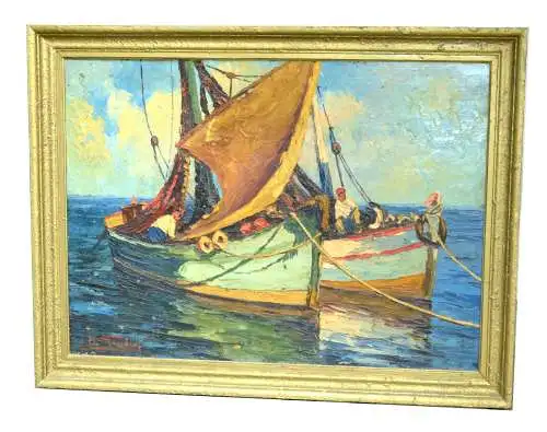 Gemälde,Fischerboote, sign. Aldo Giordani,auf Malerplatte,gerahmt,20.Jhdt.