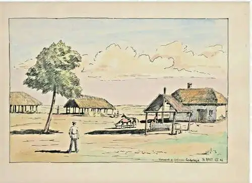 Col.Tuschfederzeichnung „Vorwerk d. Sotiose Sachanaja“, signiert „Fr. RAST, 1942