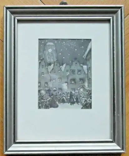  Lithographie„Abendlicher Weihnachtsmarkt“ im Passepartout, gerahmt