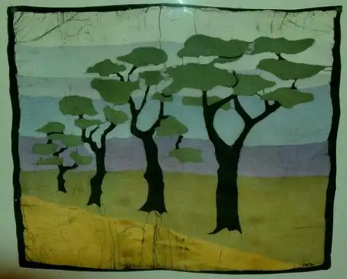 Afrikanische Bäume in der Savanne,auf Stoff gemalt,Sign.: I Müller,gerahmt