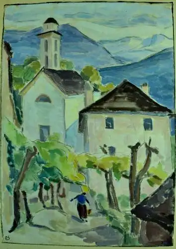  Aquarell,Dorf in Südtirol,sign.ES,vor 1945,gerahmt, Passepartout
