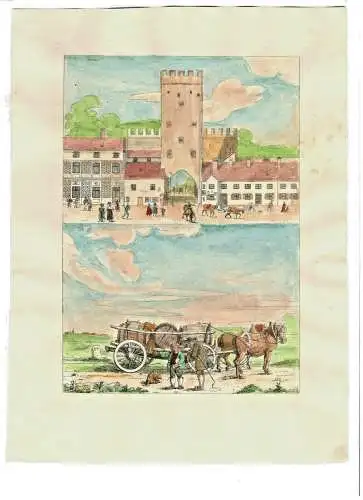 Colorierte Original-Lithographe „Carlsthor“ in München, 19. Jahrhundert