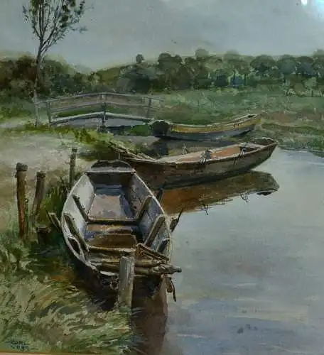  Aquarell,Carl Voss,Fischerkähne,gerahmt, Passepartout