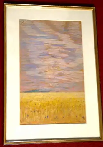 Ölkreidezeichnung,Getreidefeld mit stürmischen Himmel