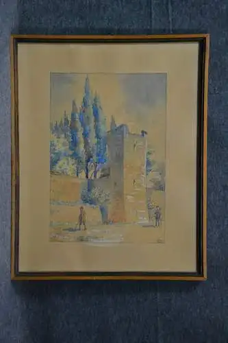 Aquarell, Stadtmauer, Architekturzeichnung, wohl Italien, sign.,  RK 