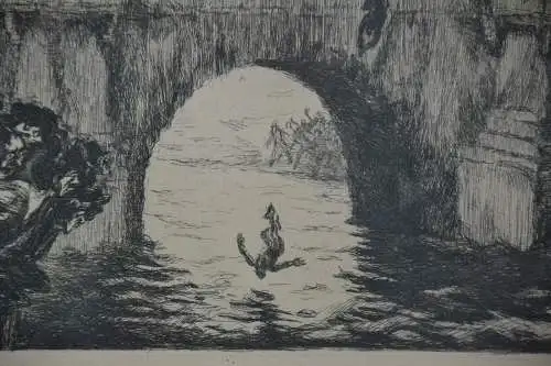 Lithografie, Kampf auf einer Brücke, wohl um 1900, unbek. Künstler