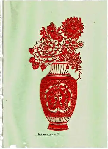 Original-Scherenschnitt „Vase mit Blumen“ aus rotem Papier, sehr dekorativ 