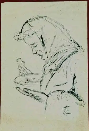 Skizze,Tusche,Frau ißt aus einem Blechnapf, monogrammiert und datiert 42