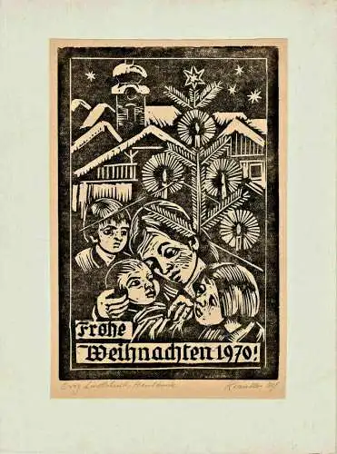 Original-Linolschnitt - Handdruck „Frohe Weihnachten 1970“ von Alfons Kräutler 