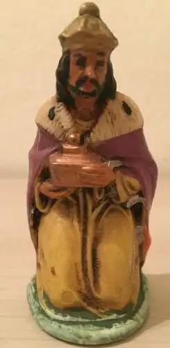 Krippenfigur,kniende König, lila- gelb bemalt, Keramik
