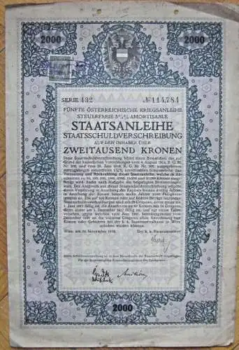 2 österreichische Kriegsanleihen 1916 zu je zweitausend Kronen mit Zinscoupons