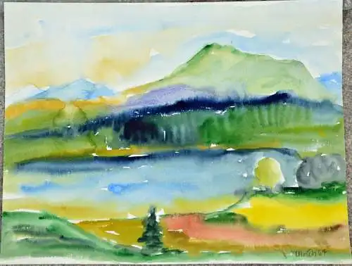 Aquarell,Ulrich, Voralpenlandschaft mit See, Impression,1964. 