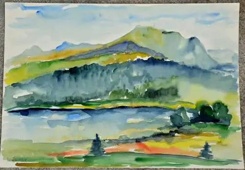 Aquarell,Ulrich, Voralpenlandschaft mit See, Impression,1964. 