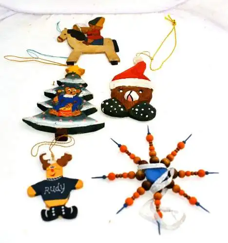 Christbaumschmuck,5  bemalte Holzfiguren,20.Jhdt, 
