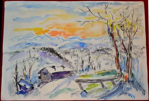 Aquarell,Monogr.W.U.(Wilhelm Ulrich?)datiert:75,Sylvester Nachmittag Peissenberg