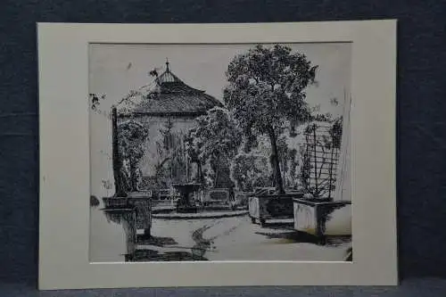 Tuschzeichnung, Bauer-Oltsch, südlicher Garten