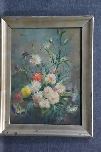 Aquarell, Stilleben mit Blumen,Nelken, Fanny Brauer, Rahmen vergoldet