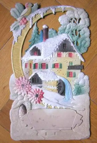 Farbig bedruckter Karton Motiv „Winterlandschaft mit Mühle“ Verkaufsständer