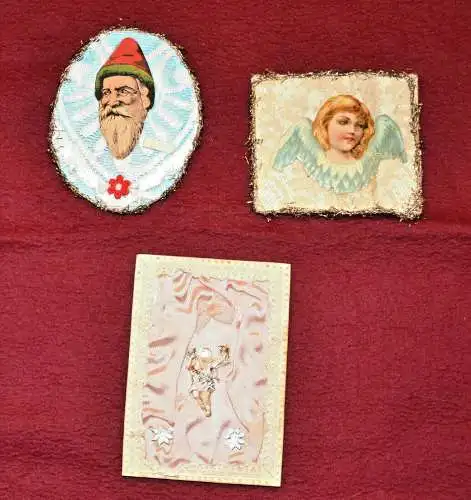 Vier Billets,Glanzbilder,auf Kissen,Weihnachtsmotive,um 1900