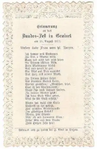 Andachtsbildchen „Erinnerung an das Bundes-Fest in Grainet am 15. August 1877“