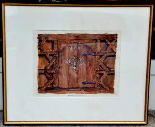 Aqurell,Franz Pecher,Staddeltür in Hemhof,gerahmt