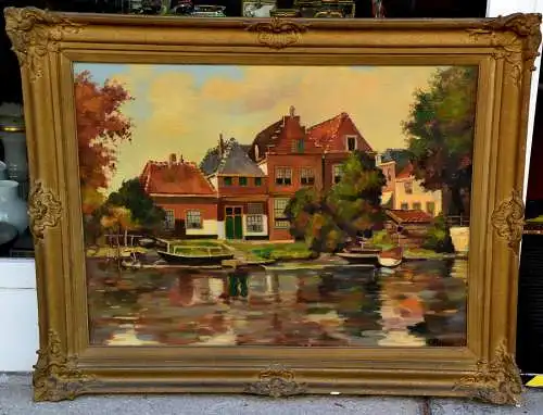 Ölbild,Gracht,Häuser am Kanal,gerahmt,Sign.F.Jeurs od. Jevrs