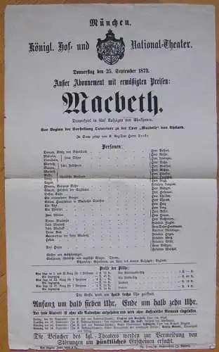 Theaterblatt William Shakespeare: „Macbeth“ Aufführung v. 25. Sept. 1873,München