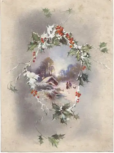 Aquarell,Winterlandschaft eingerahmt d. Stechpalmenkranz,England um 1920
