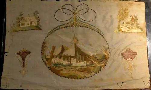 Seidenstickerei,um 1824, Vulkanausbruch ev. Vesuv,Italien, 