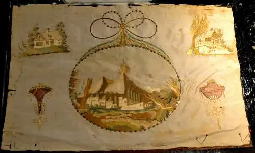 Seidenstickerei,um 1824, Vulkanausbruch ev. Vesuv,Italien, 
