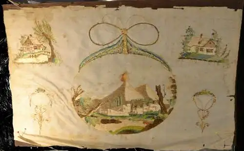 Seidenstickerei,um 1824, Vulkanausbruch ev. Vesuv,Italien, 