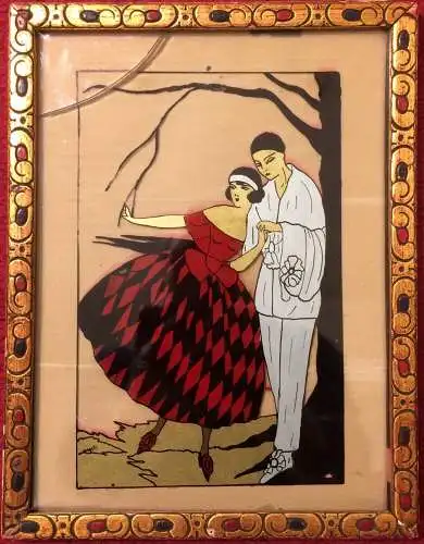 Kleines Jugendstil-Hinterglasbild mit einem unter einem Baum stehenden Paar
