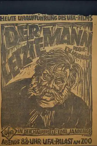 Plakat Uraufführung "DER LETZTE MANN" UFA 1924, Regie F.W.Murnau, Emil Jannings