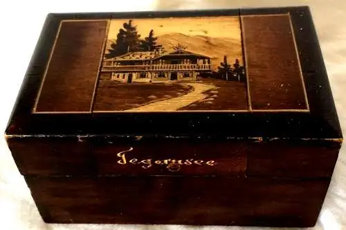 Kleines Kästchen aus dunklem Holz „Tegernsee“, wohl Reisesouvenir, Spardose?