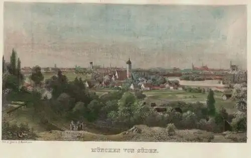 Colorierter Stahlstich „MÜNCHEN VON SÜDEN“ von Arnold Meermann