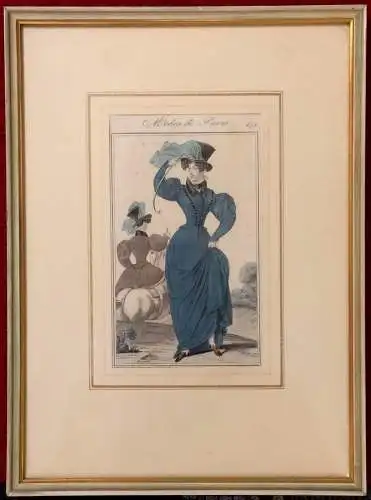 Colorierter Kupferstich „Modes de Paris“ ca 1877 Passepartout gerahmt unter Glas