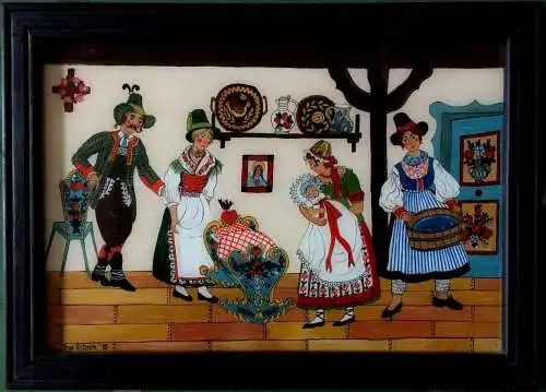 Hinterglasbild Trachtengruppe mit Wiege in Bauernstube von Inge Peitzsch, 1975