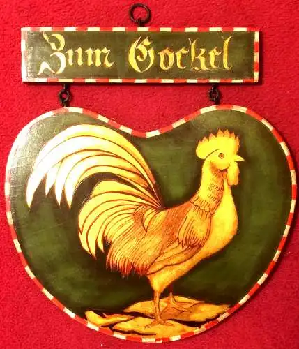 Wirtshausschild „Zum Gockel“ aus Holz, bemalt