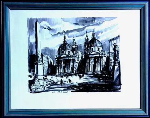 Tuschepinsel-Zeichnung Piazza del Popolo in Rom, signiert, gerahmt unter Glas