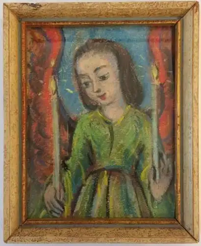 Kleines Portrait einer jungen Frau – Ölkreide-Zeichnung, gerahmt, ca. 1920