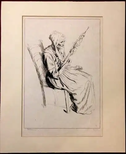 Radierung „Alte Frau mit Spinnrad“ nach Antoine Watteau, im Passepartout