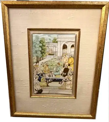 Mughal Malerei, Indien,Treffen zweier Fürsten u. Berater. Im Vordergrund Musiker