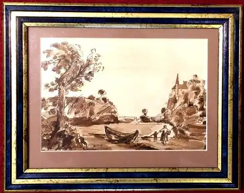 Kleine Sepia-Zeichnung im Passepartout, gerahmt unter Glas
