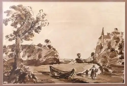 Kleine Sepia-Zeichnung im Passepartout, gerahmt unter Glas